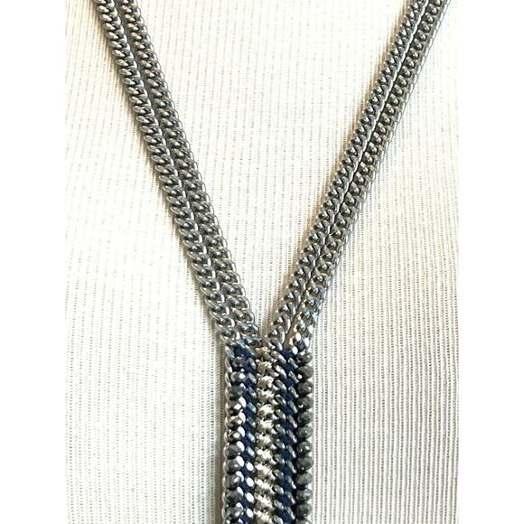 Stella & Dot Tessa Fringe Necklace Lariat Silvertone Blue Steel Chain - Picture 6 of 12
